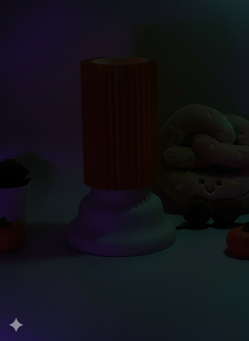 Small round creature with a striped cylindrical object on a dark background